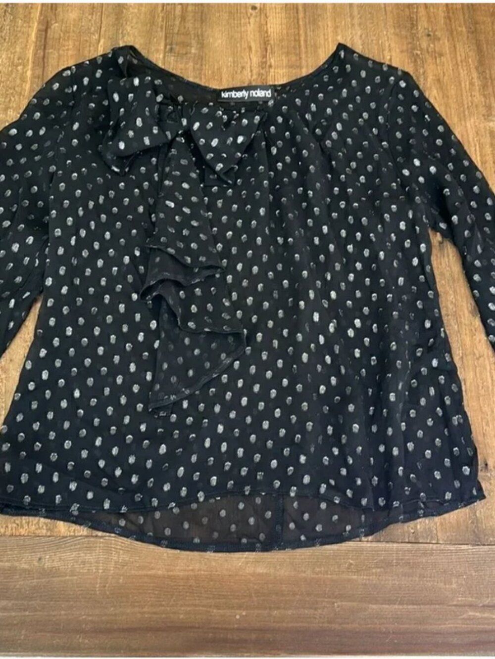 Black Bow Blouse XS | Metallic Polka Dot Ruffle Workwear Top - Picture 3 of 7